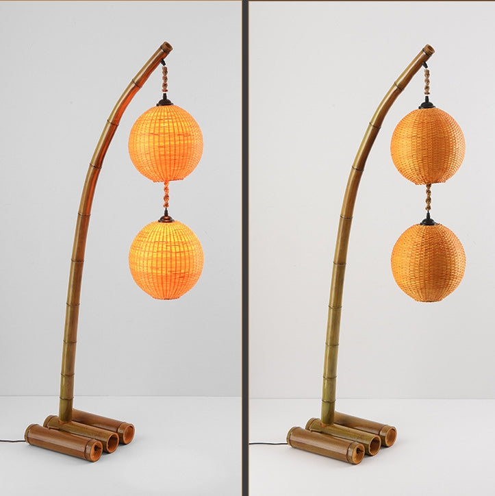 Contemporary Retro Bamboo Weaving Ball Shade Arc Frame 1/2/3-Light Standing Floor Lamp For Dining Room