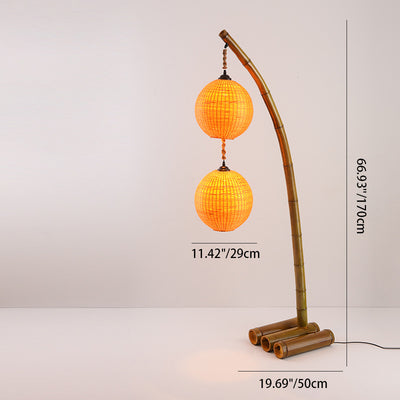 Contemporary Retro Bamboo Weaving Ball Shade Arc Frame 1/2/3-Light Standing Floor Lamp For Dining Room