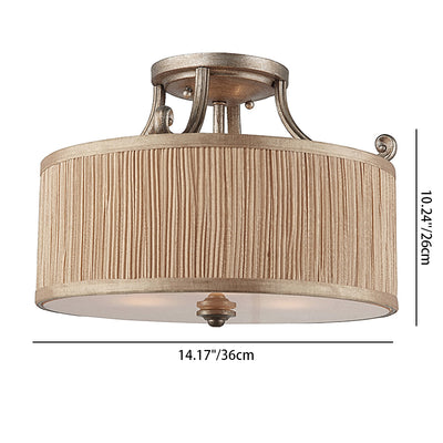 Traditional French Pleated Fabric Cylinder Shade Iron 3-Light Semi-Flush Mount Ceiling Light For Hallway