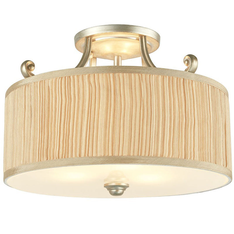 Traditional French Pleated Fabric Cylinder Shade Iron 3-Light Semi-Flush Mount Ceiling Light For Hallway