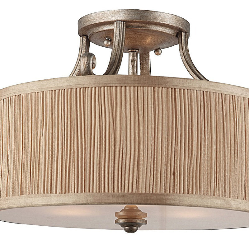 Traditional French Pleated Fabric Cylinder Shade Iron 3-Light Semi-Flush Mount Ceiling Light For Hallway