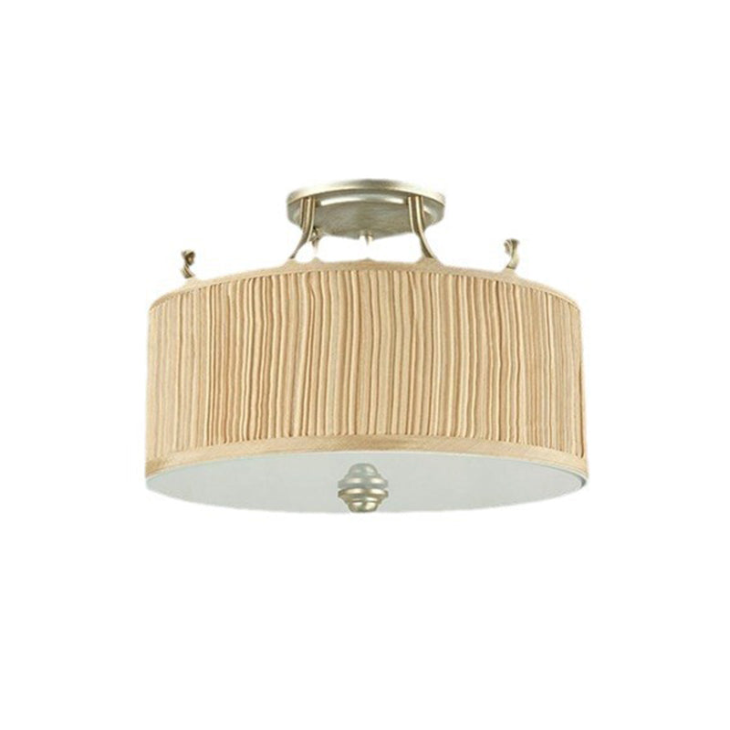 Traditional French Pleated Fabric Cylinder Shade Iron 3-Light Semi-Flush Mount Ceiling Light For Hallway