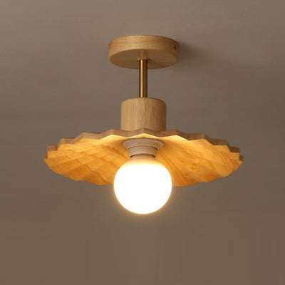 Traditional Japanese Solid Wood Ripple Umbrella Shade Glass 1-Light Semi-Flush Mount Ceiling Light For Hallway