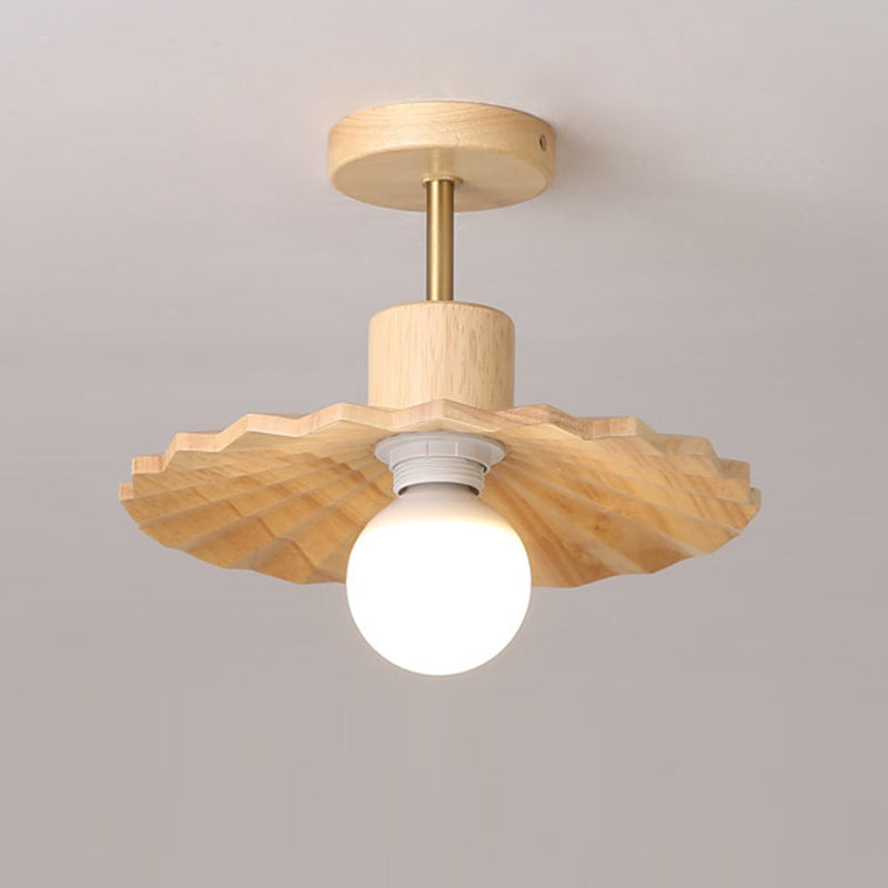 Traditional Japanese Solid Wood Ripple Umbrella Shade Glass 1-Light Semi-Flush Mount Ceiling Light For Hallway