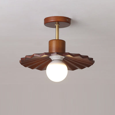 Traditional Japanese Solid Wood Ripple Umbrella Shade Glass 1-Light Semi-Flush Mount Ceiling Light For Hallway