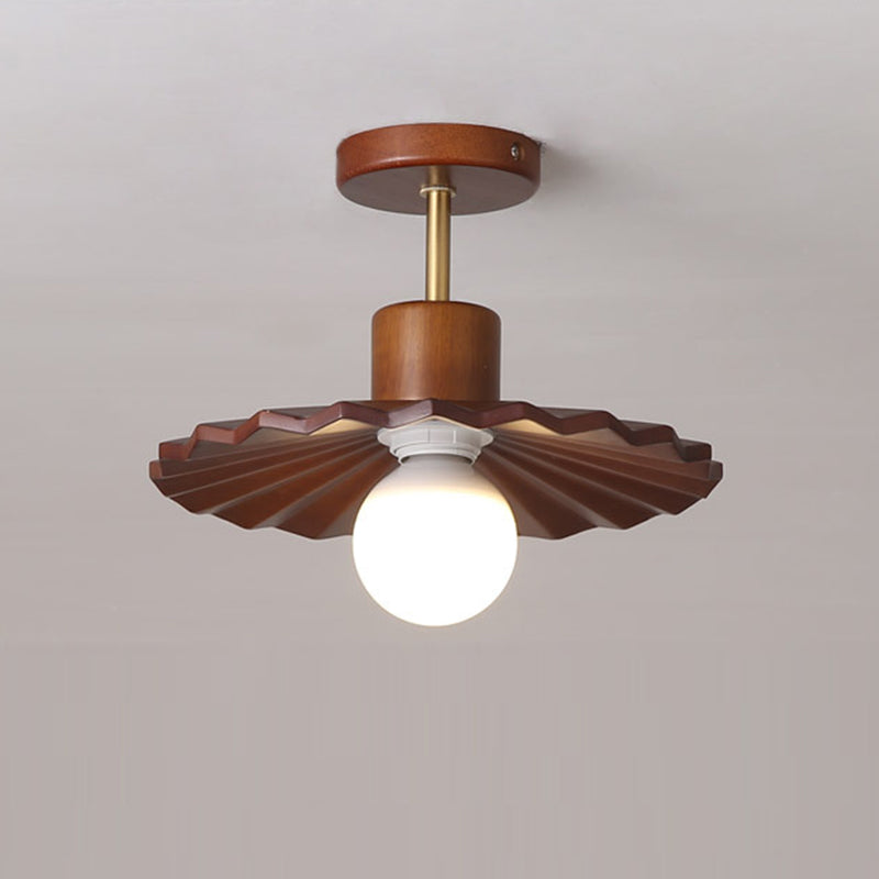 Traditional Japanese Solid Wood Ripple Umbrella Shade Glass 1-Light Semi-Flush Mount Ceiling Light For Hallway