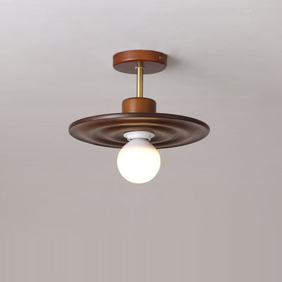 Traditional Japanese Solid Wood Ripple Umbrella Shade Glass 1-Light Semi-Flush Mount Ceiling Light For Hallway