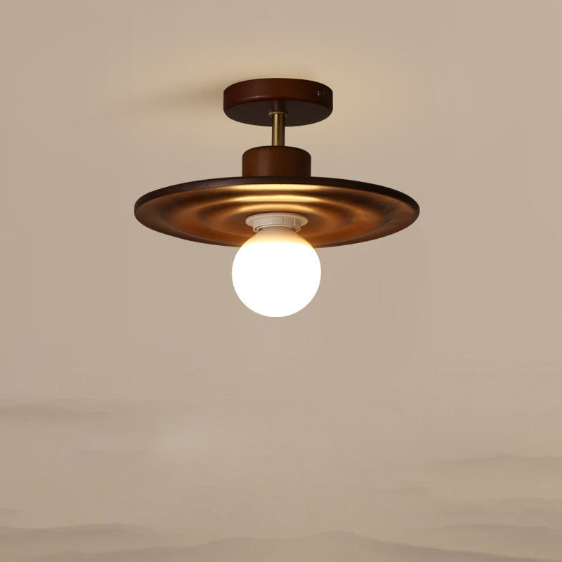 Traditional Japanese Solid Wood Ripple Umbrella Shade Glass 1-Light Semi-Flush Mount Ceiling Light For Hallway