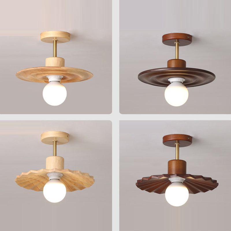 Traditional Japanese Solid Wood Ripple Umbrella Shade Glass 1-Light Semi-Flush Mount Ceiling Light For Hallway