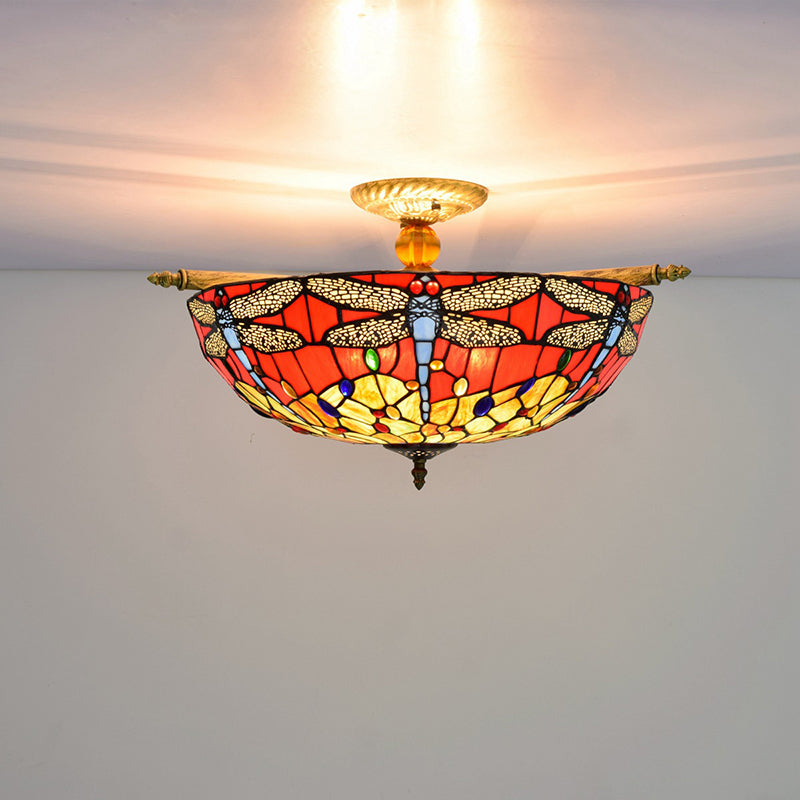 Traditional Tiffany Stained Glass Dragonfly Pattern Iron 5-Light Semi-Flush Mount Ceiling Light For Living Room