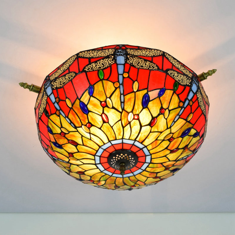 Traditional Tiffany Stained Glass Dragonfly Pattern Iron 5-Light Semi-Flush Mount Ceiling Light For Living Room