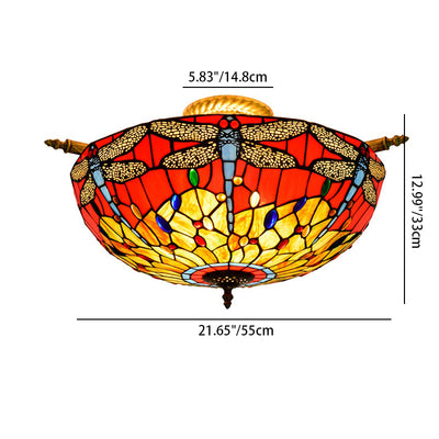 Traditional Tiffany Stained Glass Dragonfly Pattern Iron 5-Light Semi-Flush Mount Ceiling Light For Living Room