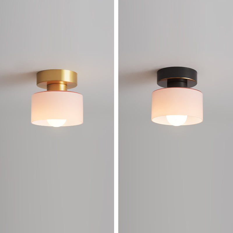 Contemporary Nordic Full Copper Glass Cylinder 1-Light Semi-Flush Mount Ceiling Light For Living Room