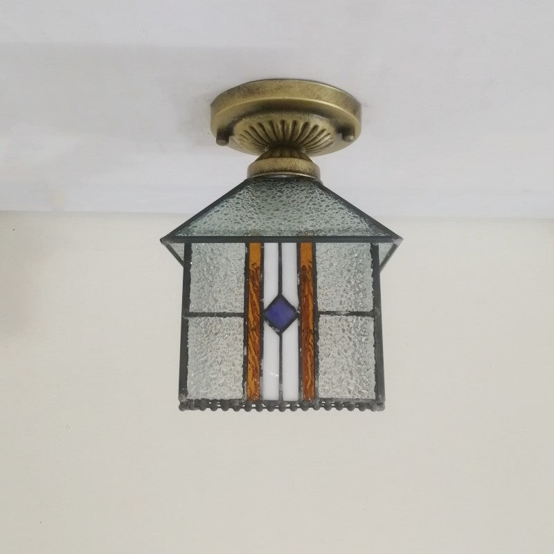 Traditional Tiffany Water Rippled Stained Glass Hardware Square 1-Light Semi-Flush Mount Ceiling Light For Hallway