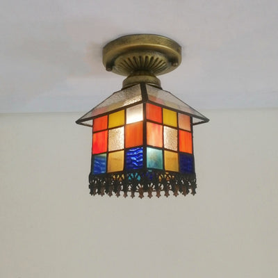 Traditional Tiffany Water Rippled Stained Glass Hardware Square 1-Light Semi-Flush Mount Ceiling Light For Hallway