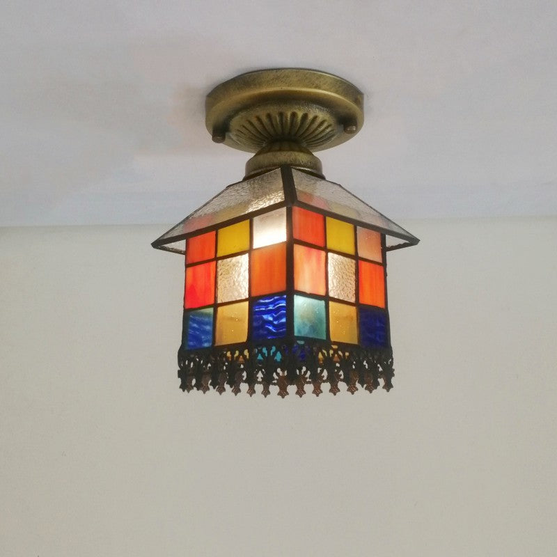 Traditional Tiffany Water Rippled Stained Glass Hardware Square 1-Light Semi-Flush Mount Ceiling Light For Hallway