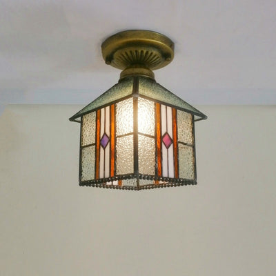 Traditional Tiffany Water Rippled Stained Glass Hardware Square 1-Light Semi-Flush Mount Ceiling Light For Hallway