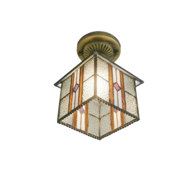 Traditional Tiffany Water Rippled Stained Glass Hardware Square 1-Light Semi-Flush Mount Ceiling Light For Hallway