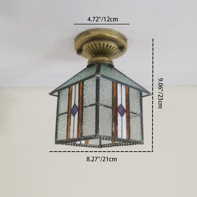 Traditional Tiffany Water Rippled Stained Glass Hardware Square 1-Light Semi-Flush Mount Ceiling Light For Hallway