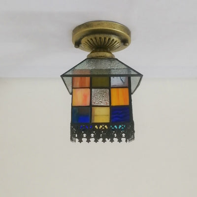 Traditional Tiffany Water Rippled Stained Glass Hardware Square 1-Light Semi-Flush Mount Ceiling Light For Hallway