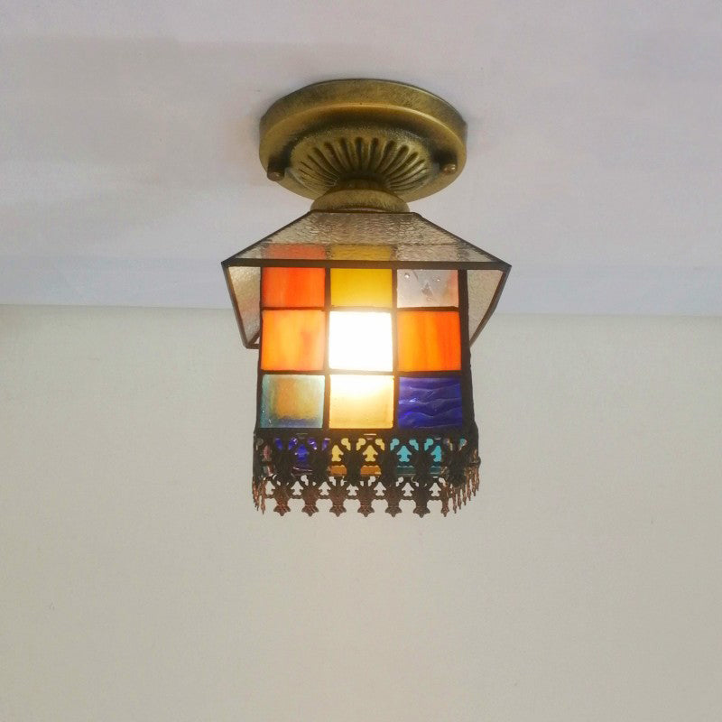 Traditional Tiffany Water Rippled Stained Glass Hardware Square 1-Light Semi-Flush Mount Ceiling Light For Hallway