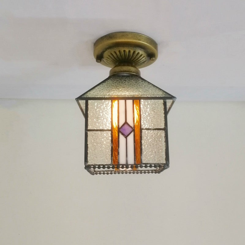 Traditional Tiffany Water Rippled Stained Glass Hardware Square 1-Light Semi-Flush Mount Ceiling Light For Hallway