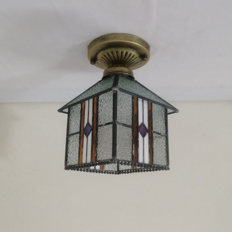 Traditional Tiffany Water Rippled Stained Glass Hardware Square 1-Light Semi-Flush Mount Ceiling Light For Hallway