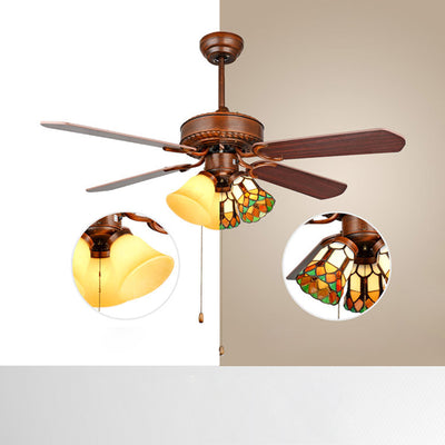 Traditional Tiffany Flower Stained Glass Shade Wood Fan 3-Light Downrods Ceiling Fan Light For Living Room