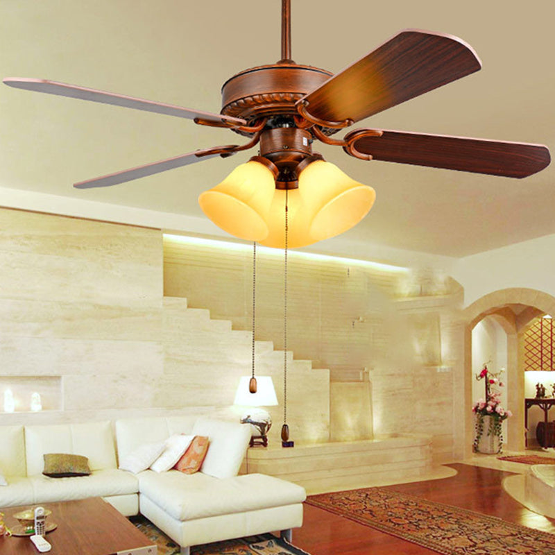 Traditional Tiffany Flower Stained Glass Shade Wood Fan 3-Light Downrods Ceiling Fan Light For Living Room