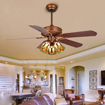 Traditional Tiffany Flower Stained Glass Shade Wood Fan 3-Light Downrods Ceiling Fan Light For Living Room