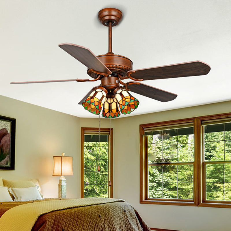 Traditional Tiffany Flower Stained Glass Shade Wood Fan 3-Light Downrods Ceiling Fan Light For Living Room