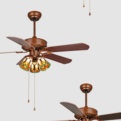 Traditional Tiffany Flower Stained Glass Shade Wood Fan 3-Light Downrods Ceiling Fan Light For Living Room