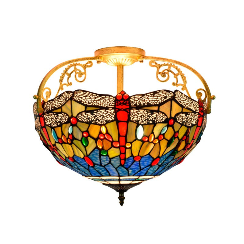 Traditional Tiffany Dragonfly Pattern Stained Glass Iron 3-Light Semi-Flush Mount Ceiling Light For Living Room