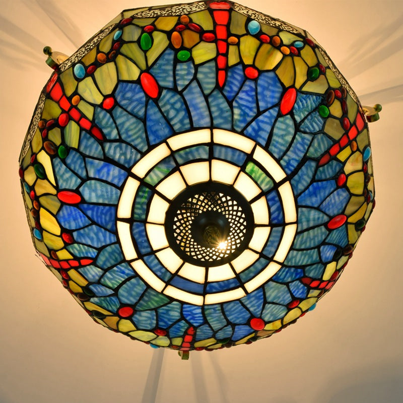 Traditional Tiffany Dragonfly Pattern Stained Glass Iron 3-Light Semi-Flush Mount Ceiling Light For Living Room