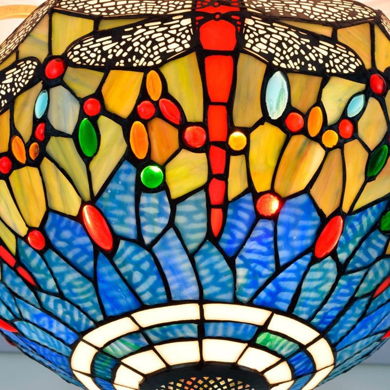 Traditional Tiffany Dragonfly Pattern Stained Glass Iron 3-Light Semi-Flush Mount Ceiling Light For Living Room