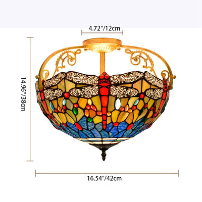 Traditional Tiffany Dragonfly Pattern Stained Glass Iron 3-Light Semi-Flush Mount Ceiling Light For Living Room