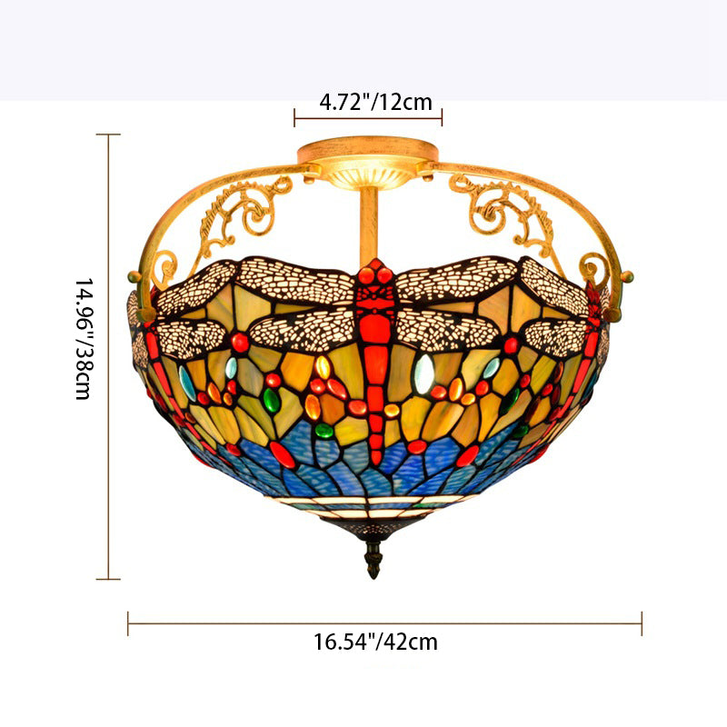 Traditional Tiffany Dragonfly Pattern Stained Glass Iron 3-Light Semi-Flush Mount Ceiling Light For Living Room