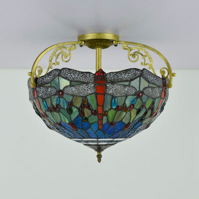 Traditional Tiffany Dragonfly Pattern Stained Glass Iron 3-Light Semi-Flush Mount Ceiling Light For Living Room