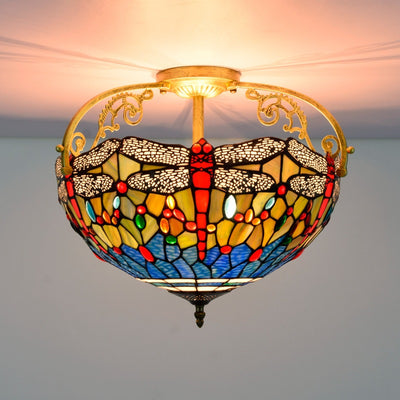 Traditional Tiffany Dragonfly Pattern Stained Glass Iron 3-Light Semi-Flush Mount Ceiling Light For Living Room