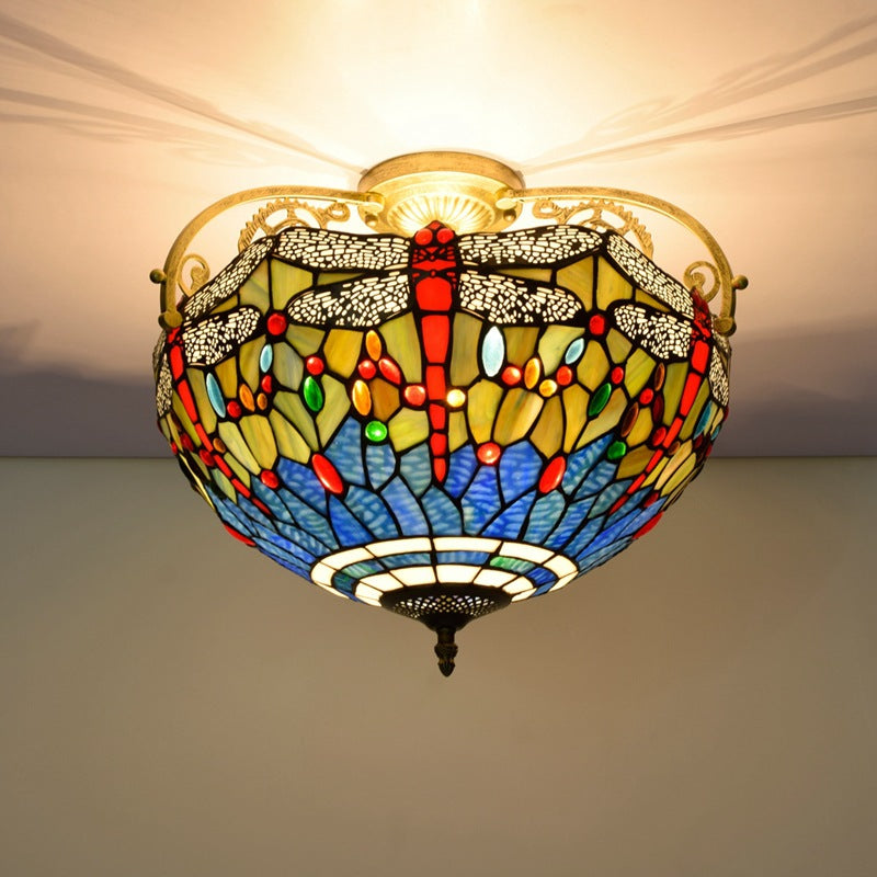 Traditional Tiffany Dragonfly Pattern Stained Glass Iron 3-Light Semi-Flush Mount Ceiling Light For Living Room