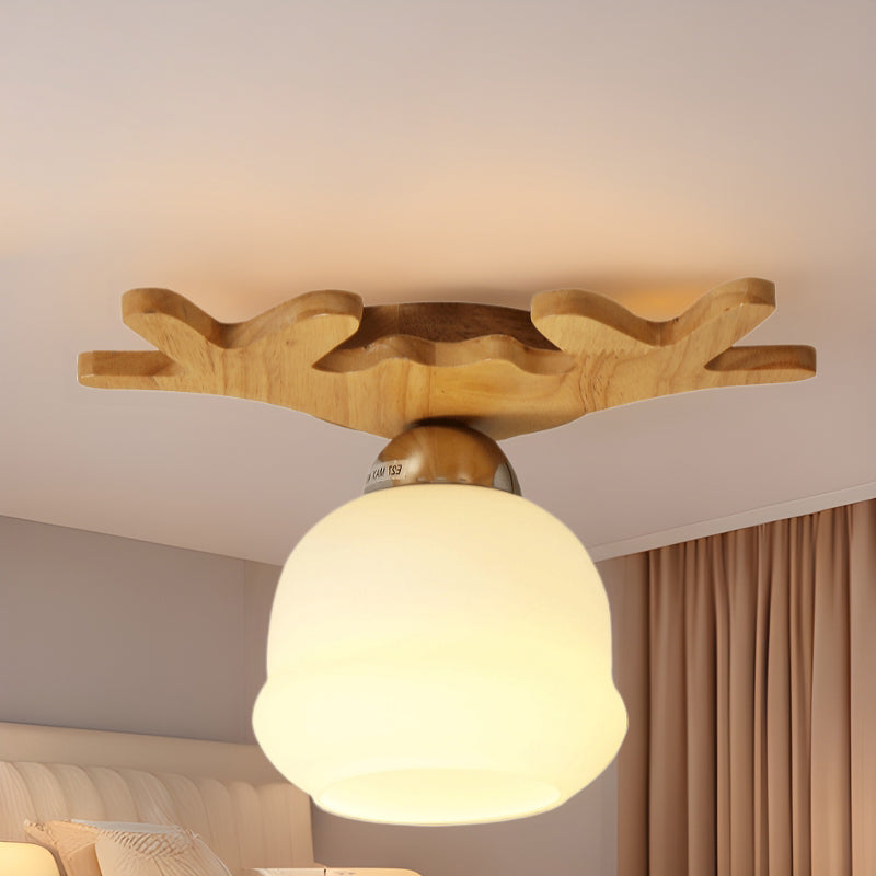 Contemporary Retro Solid Wood Antler Stained Glass Round Shade 1-Light Semi-Flush Mount Ceiling Light For Bedroom