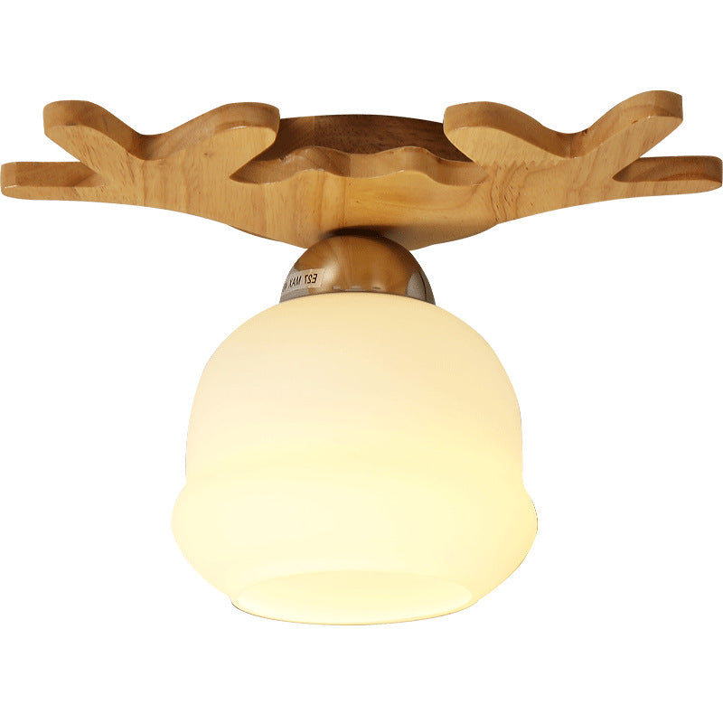 Contemporary Retro Solid Wood Antler Stained Glass Round Shade 1-Light Semi-Flush Mount Ceiling Light For Bedroom