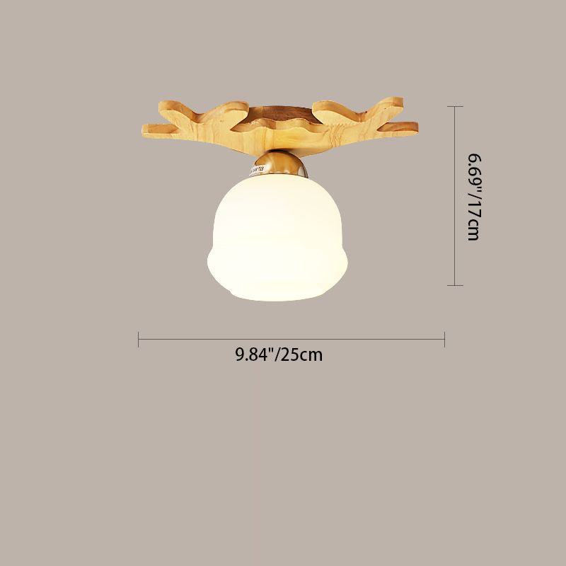 Contemporary Retro Solid Wood Antler Stained Glass Round Shade 1-Light Semi-Flush Mount Ceiling Light For Bedroom