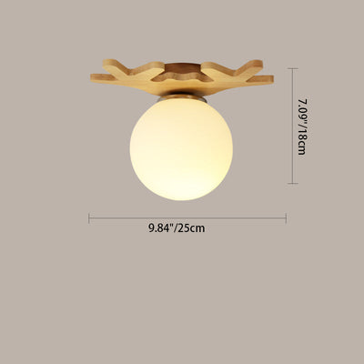 Contemporary Retro Solid Wood Antler Stained Glass Round Shade 1-Light Semi-Flush Mount Ceiling Light For Bedroom