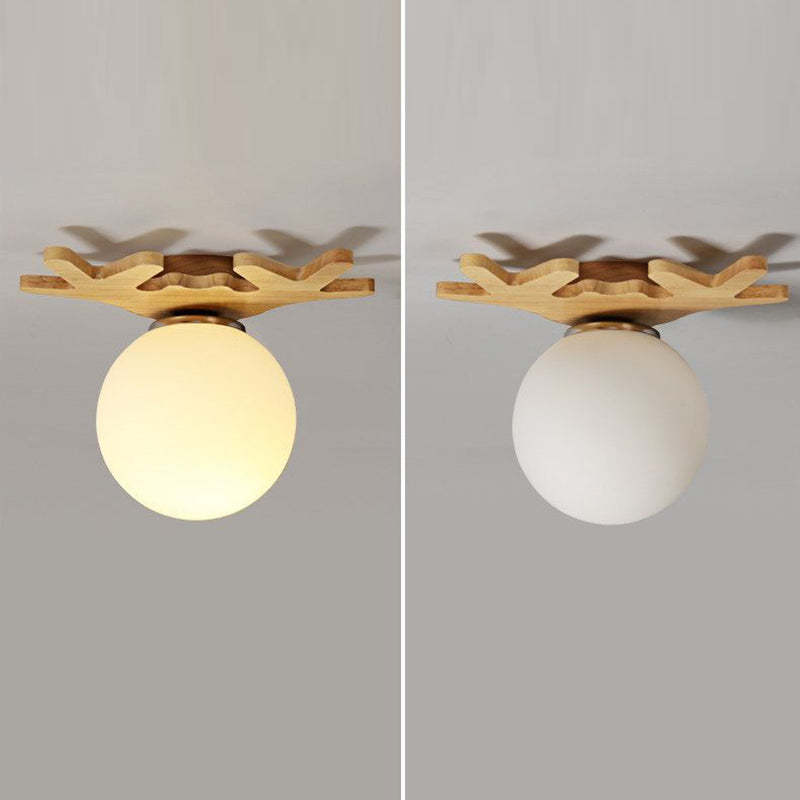 Contemporary Retro Solid Wood Antler Stained Glass Round Shade 1-Light Semi-Flush Mount Ceiling Light For Bedroom