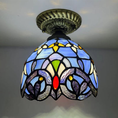 Traditional Tiffany Stained Glass Rose Flower Round Shade Resin 1-Light Semi-Flush Mount Ceiling Light For Bedroom