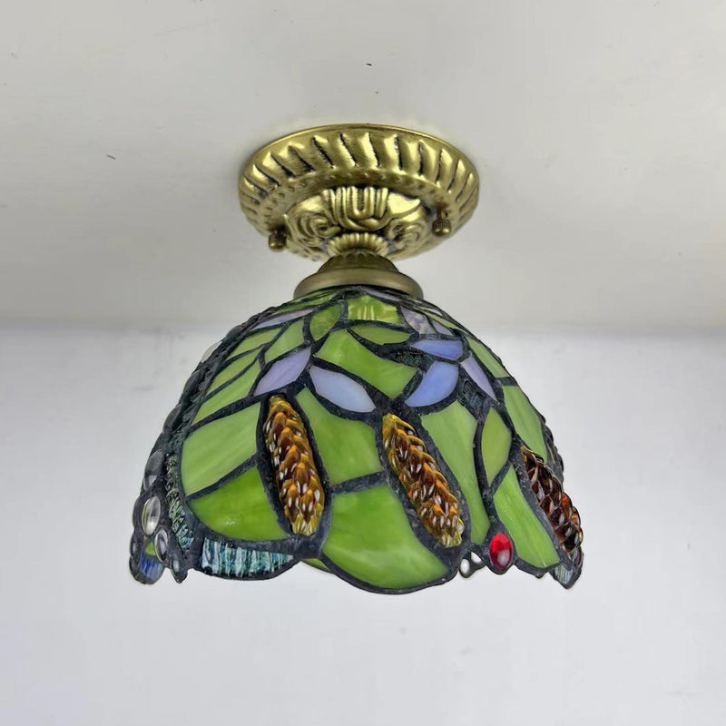 Traditional Tiffany Stained Glass Rose Flower Round Shade Resin 1-Light Semi-Flush Mount Ceiling Light For Bedroom