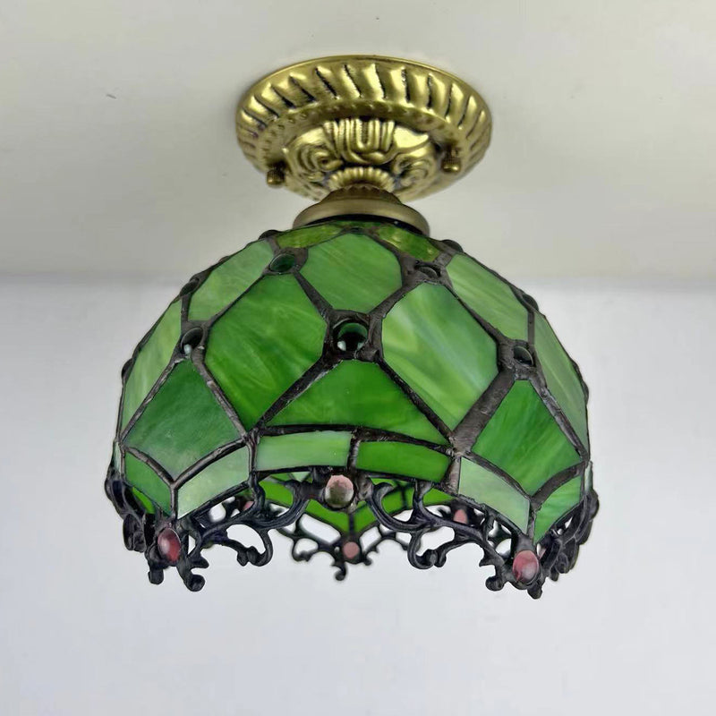 Traditional Tiffany Stained Glass Rose Flower Round Shade Resin 1-Light Semi-Flush Mount Ceiling Light For Bedroom