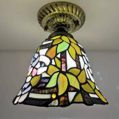 Traditional Tiffany Stained Glass Rose Flower Round Shade Resin 1-Light Semi-Flush Mount Ceiling Light For Bedroom