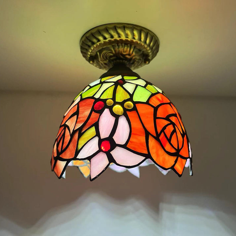 Traditional Tiffany Stained Glass Rose Flower Round Shade Resin 1-Light Semi-Flush Mount Ceiling Light For Bedroom